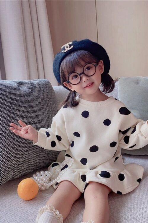 Girls’ Sweatshirt Dress, Spring and Autumn New Style Children’s Fashion Dress, Polka Dot Bloom Dress for Kids, Baby Girl,