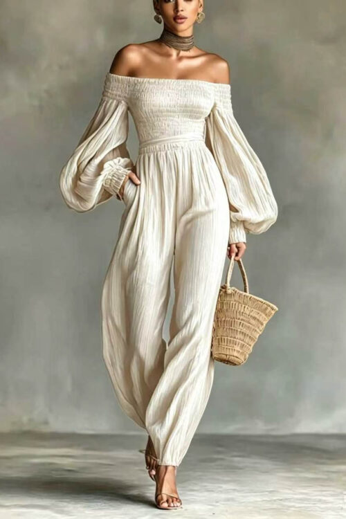 Style Off-Shoulder Lantern Sleeve Pleated Loose Jumpsuit for Women