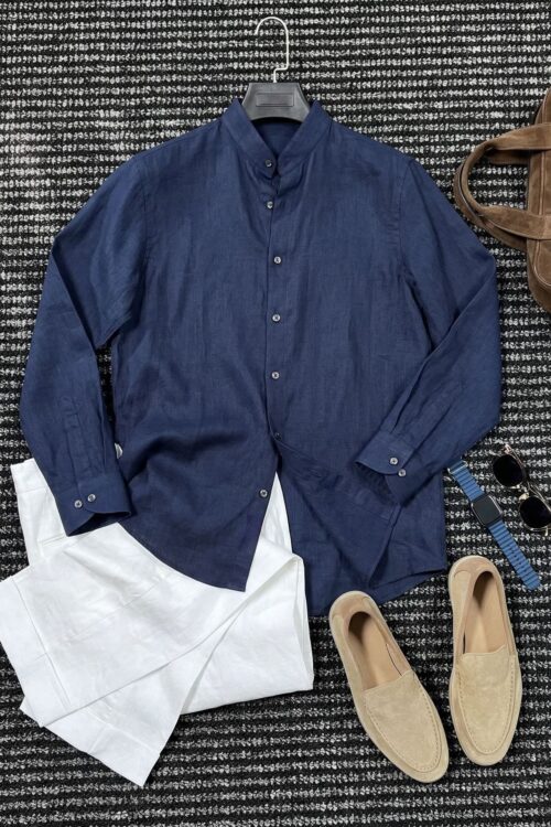 Cotton and Linen Old Money Style Shirt for Men, Casual High-End Business Italian Light Luxury Inner Shirt, Spring and Summer Sun Protection Cardigan